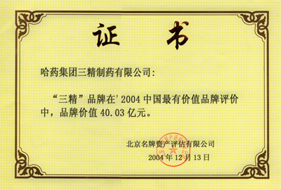 2004年三精品牌價(jià)值證書